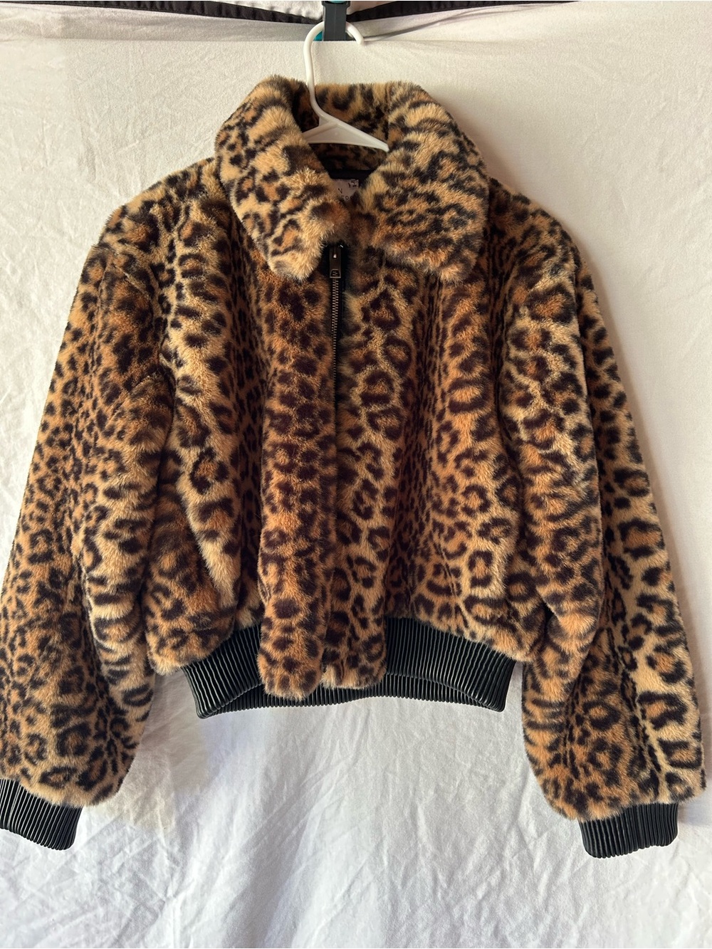 Urban Outfitters Faux Leopard Fur Bomber Jacket in Brown and Black